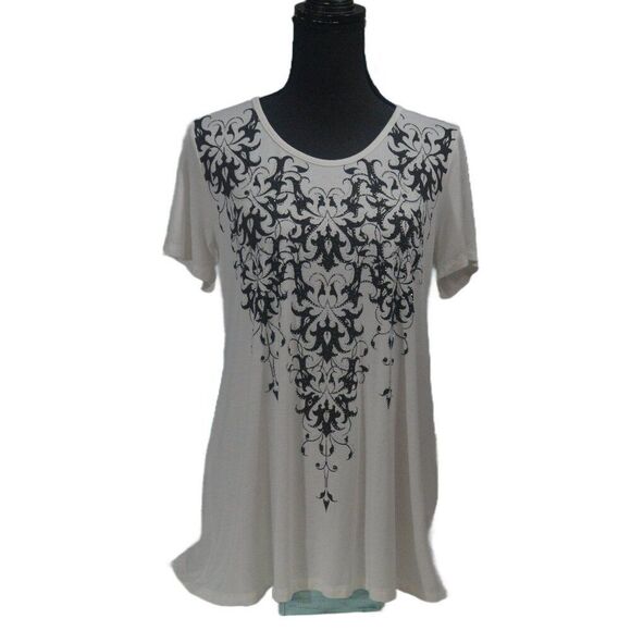 Vocal Tops - Vocal White and Black Tunic Embellished Tunic with Rhinestones Size Medium